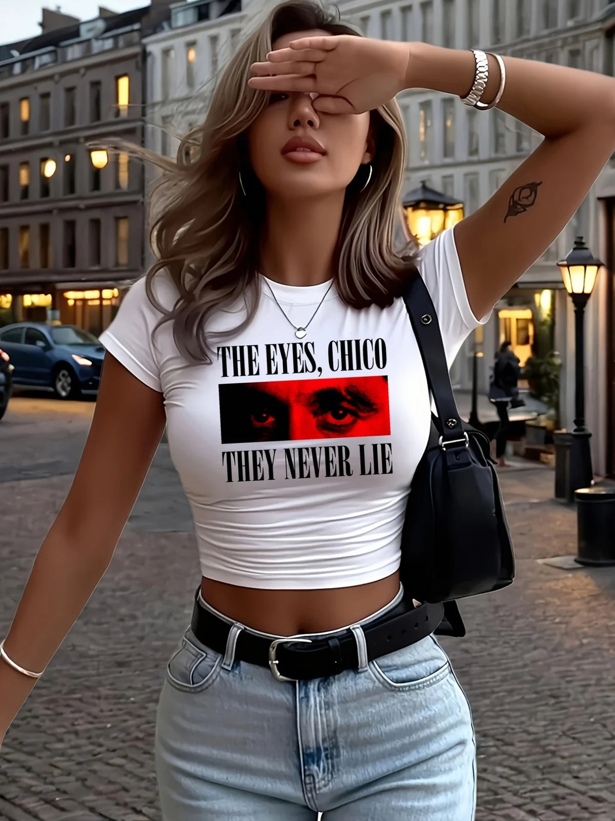 Women'S Y2K the EYES CHICO THEY NEVER LIE Print Cropped T-Shirt Casual Crop Top with Slogan round Neck Short Sleeve Tshirt Femme